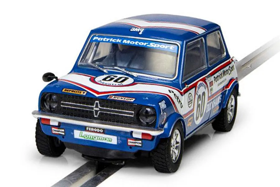 A Scalextric 1/32 scale Mini 1275GT slot car in blue Patrick Motorsport livery with number 60 on a track.