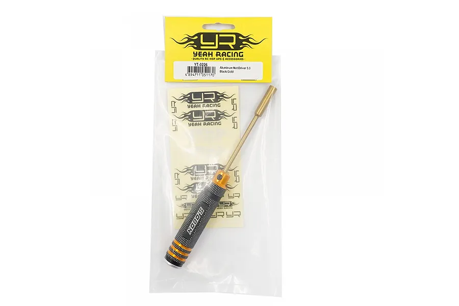 Yeah Racing 5.0mm nut driver with a black knurled handle and gold accents, packaged in a clear plastic bag with a yellow header card.