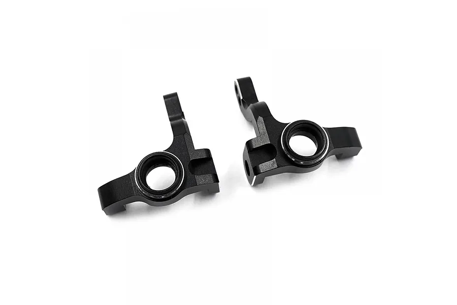 Two black anodized aluminium RC steering hubs shown from an angled perspective against a white background.