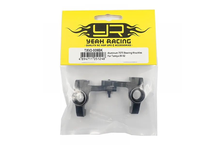 Yeah Racing black aluminium steering knuckles for Tamiya XV-02 in original yellow and clear plastic packaging.