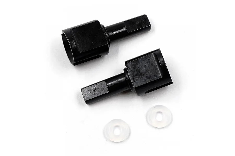 Two black metal differential outdrive cups and two small clear silicone O-rings on a white background.