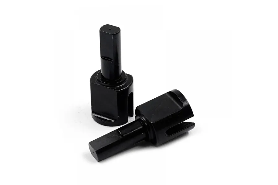 Two black metal differential outdrive cups for RC cars, one standing upright and one lying down on a white background.