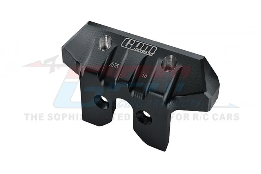 A black anodized aluminium rear bumper for an RC car by GPM Racing, featuring laser-etched branding and material specifications.