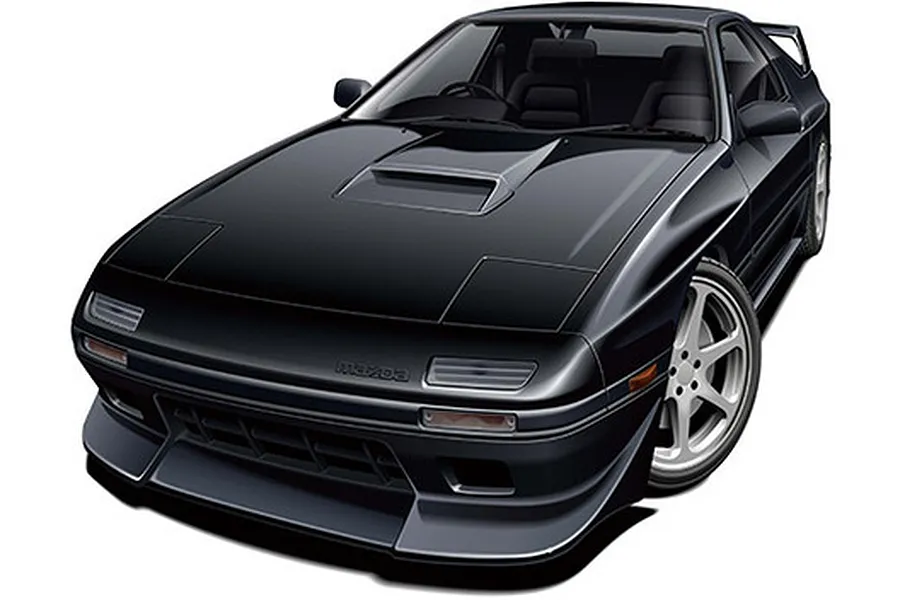 An illustration of a black Mazda Savanna RX-7 FC3S sports car, shown from a high-angle front three-quarter view.