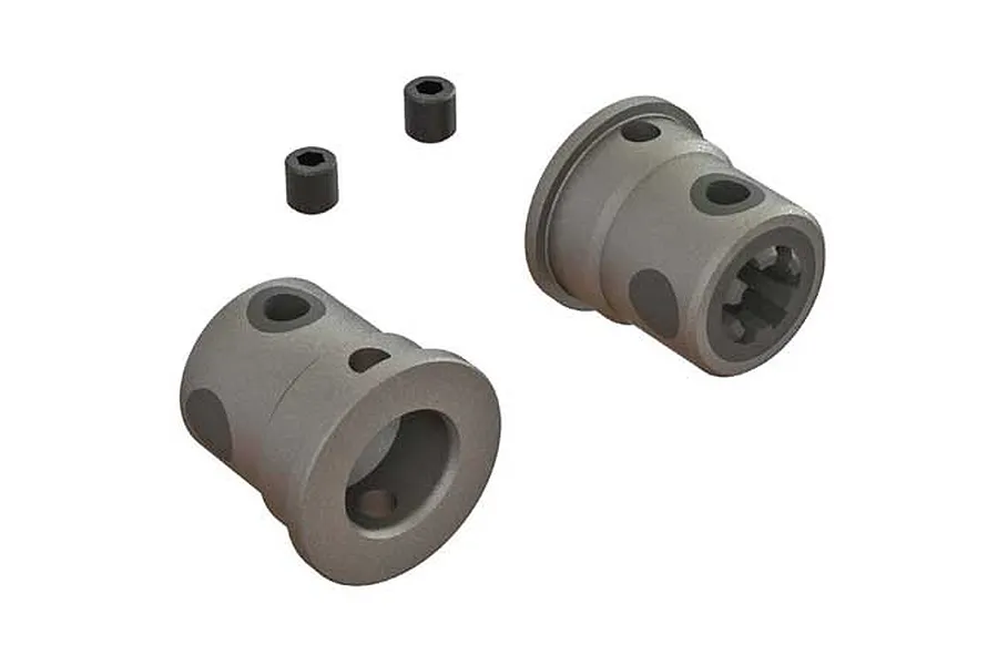 Two ARRMA steel differential CVD outdrive cups and two small grub screws on a white background.