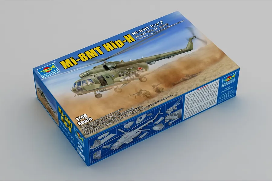 Trumpeter 1/48 scale Mi-8MT Hip-H plastic model kit box showing a green military helicopter flying over a desert landscape.