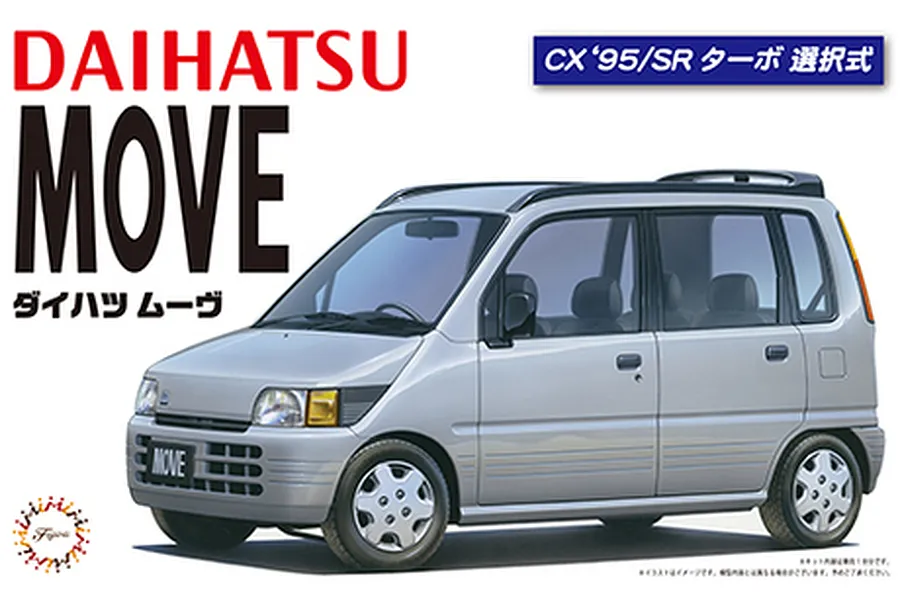 A promotional image for a Fujimi 1/24 scale Daihatsu Move CX 95 plastic model kit, showing a silver Daihatsu Move car illustration.