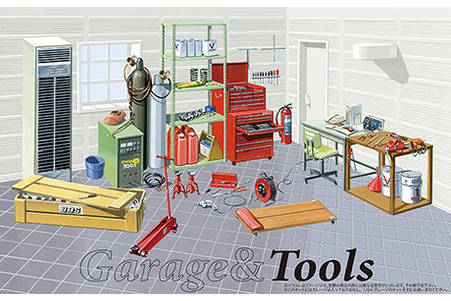 An illustration of a 1/24 scale garage workshop set including a tool chest, welding equipment, shelving, and various hand tools.