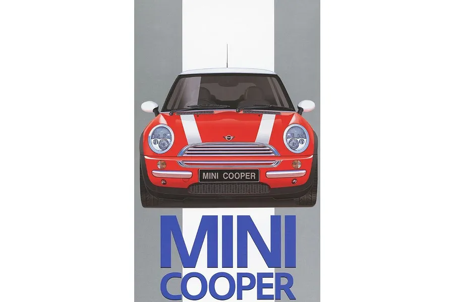 Front view illustration of a red Mini Cooper with white racing stripes on a grey background, featuring large blue text below.