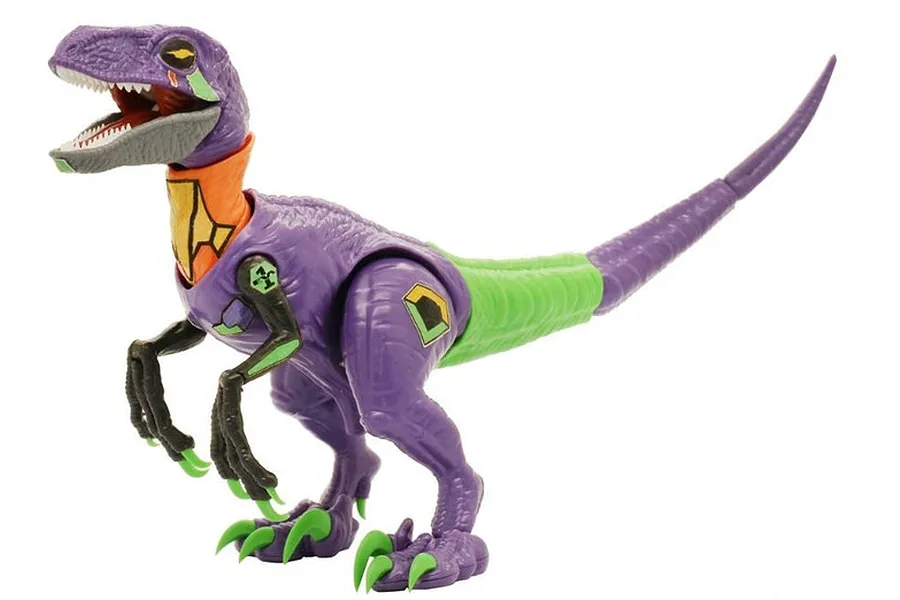 A Velociraptor plastic model kit painted in purple, green, and orange Evangelion-themed colors, standing on a white background.