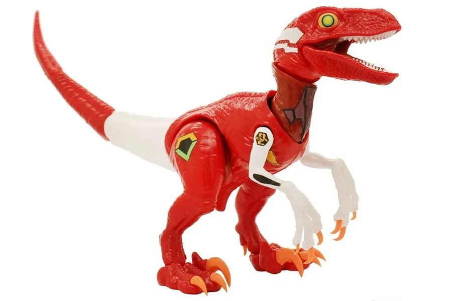 A red and white Velociraptor plastic model kit inspired by Evangelion, featuring unique decals and a stylized design against a white background.