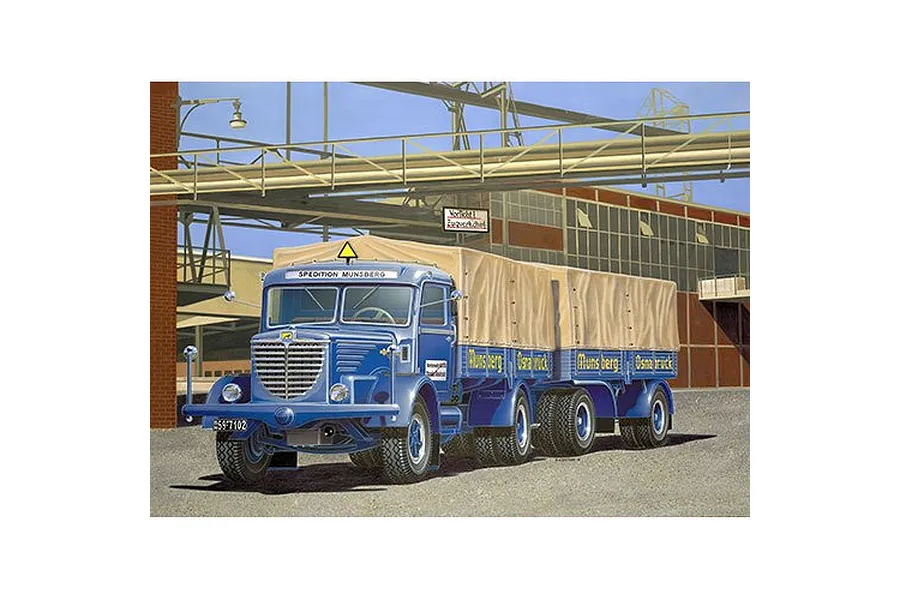 Box art illustration of a blue Büssing 8000 S13 truck with a canvas-covered trailer parked in front of an industrial building.