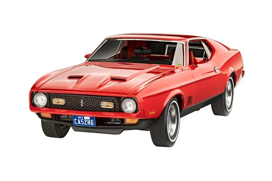 A 1/24 scale model of a red Ford Mustang Mach 1 from the James Bond film Diamonds Are Forever, shown from a front three-quarter angle.
