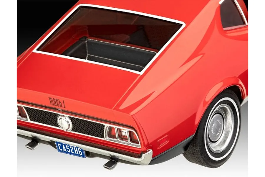 Rear view of a red 1/24 scale model Ford Mustang Mach 1 with a blue California license plate.