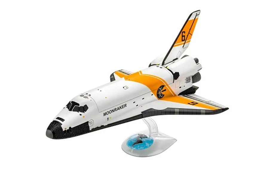 A 1/144 scale plastic model of the Moonraker space shuttle from the James Bond film, mounted on a clear display stand with a globe base.