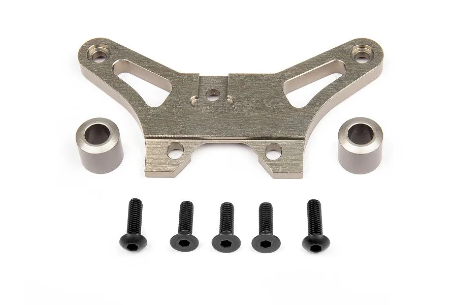 HPI Racing gunmetal aluminium front upper brace with two cylindrical spacers and five black hex head screws on a white background.