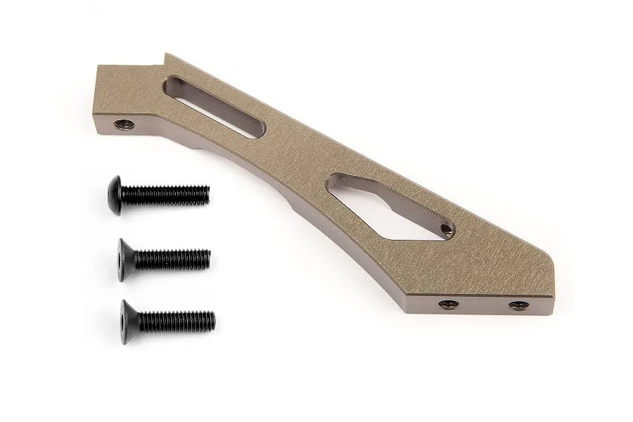 A gunmetal grey aluminium front chassis brace for an HPI Bullet RC car, shown with three black metal screws on a white background.