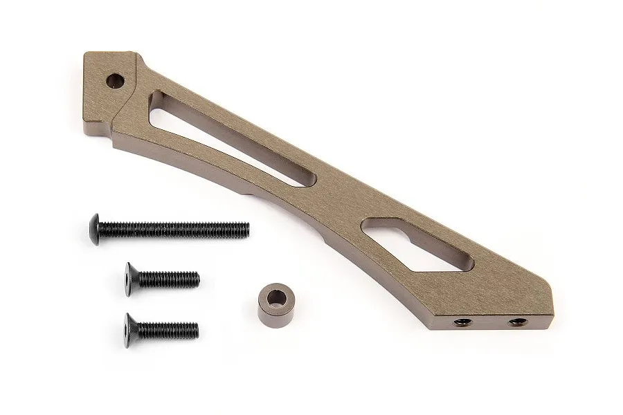 HPI Racing aluminium rear brace for Bullet MT/ST RC cars, shown with three black screws and a small metal spacer on a white background.