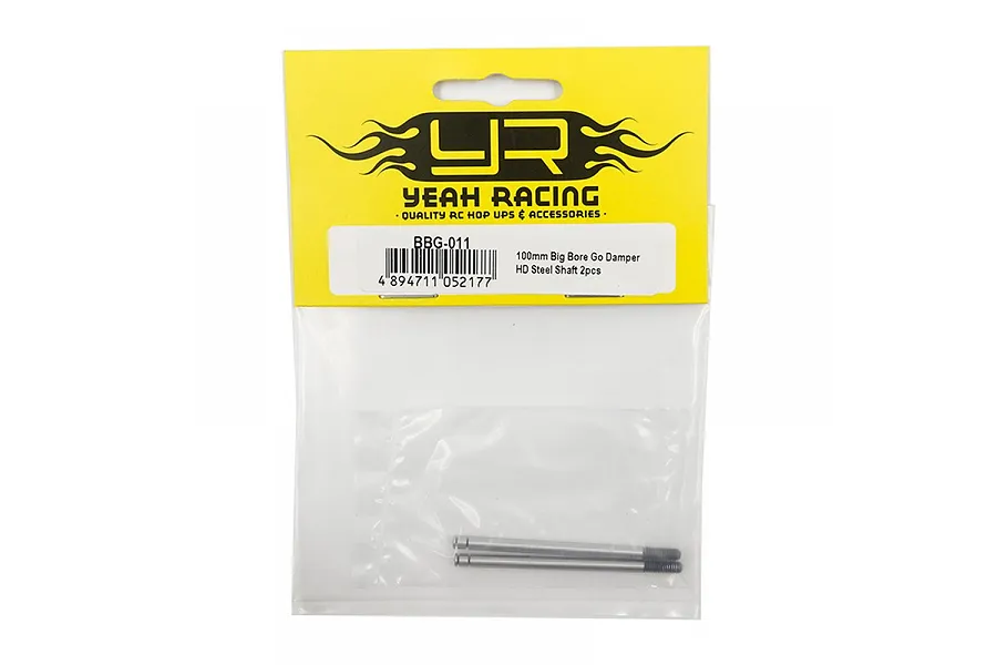 Yeah Racing 100mm steel shock shafts for RC cars in branded yellow and white packaging.