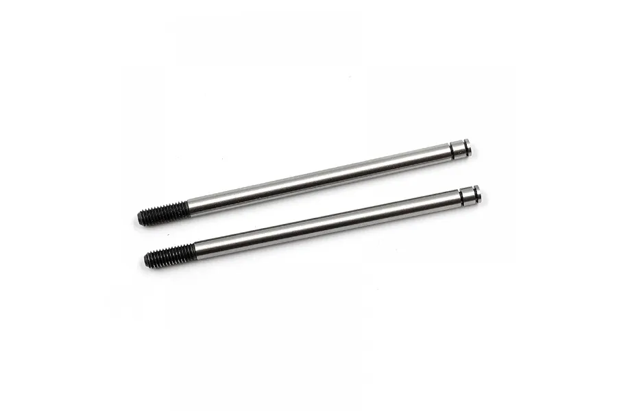 Two silver metal RC shock shafts with threaded ends and grooved tips against a white background.