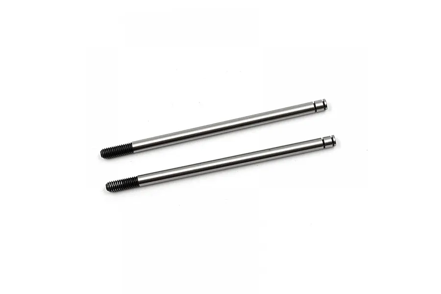 Two silver steel RC shock shafts with threaded ends and grooved tops, isolated on a white background.