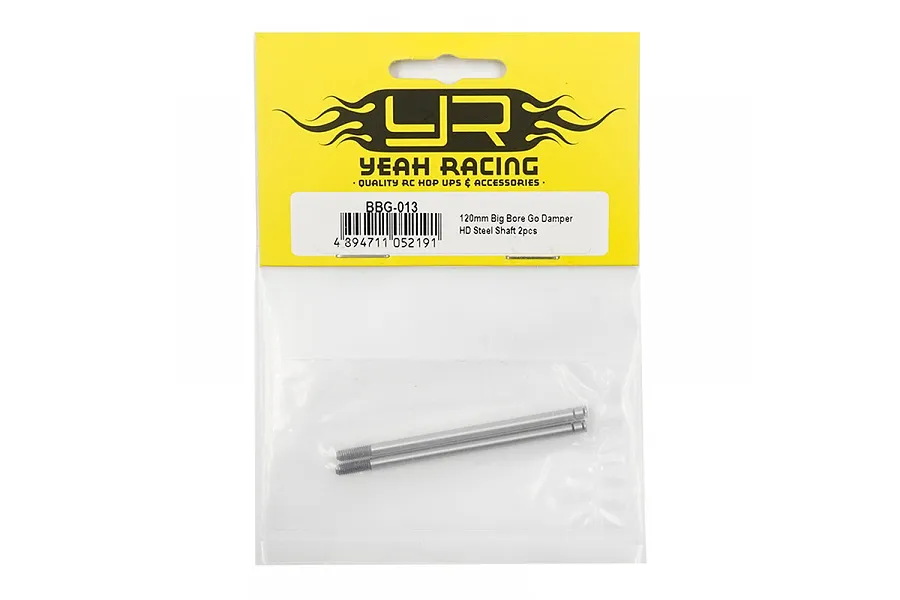 Yeah Racing 120mm Steel Shock Shafts (BBG-013) in original yellow and clear plastic retail packaging.