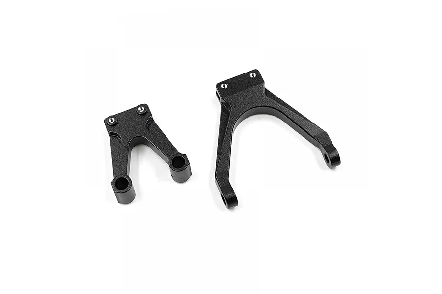 Two black aluminium RC body mount components of different sizes on a white background.