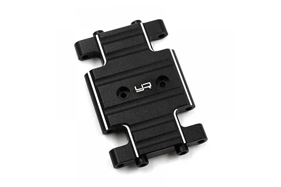 A black aluminium centre skid plate for an RC car by Yeah Racing, featuring silver chamfered edges and the YR logo.