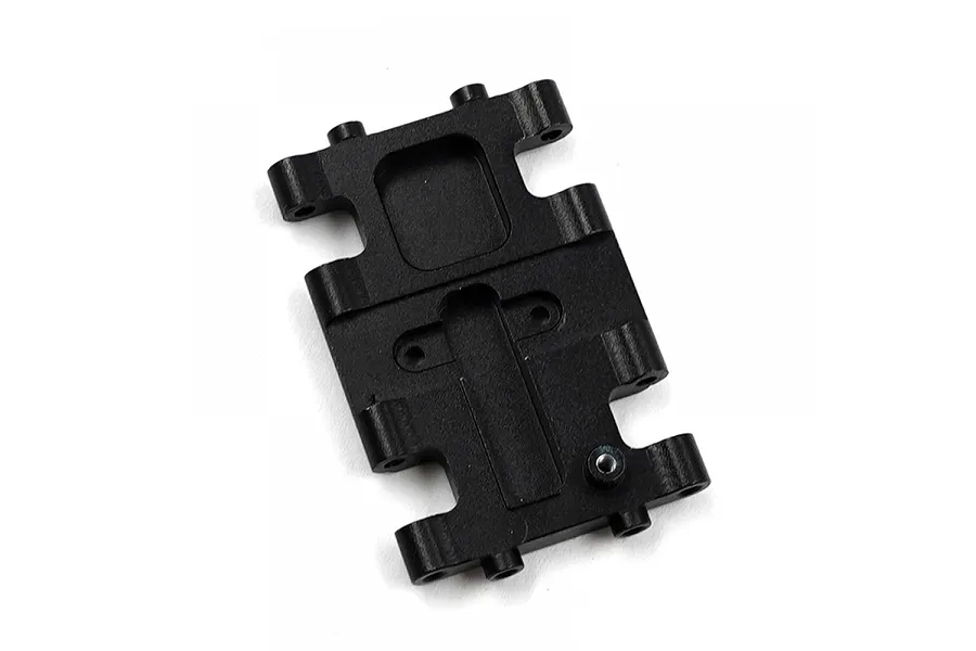 A black aluminium centre skid plate for an RC car, featuring a rectangular design with mounting holes and recessed sections.
