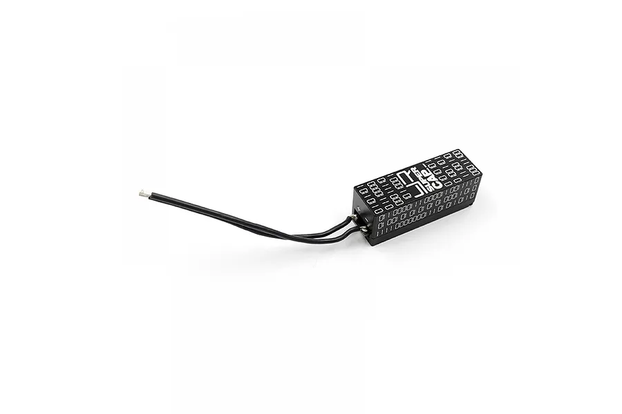 A black Yeah Racing super capacitor module with binary code pattern and two black wires, isolated on a white background.