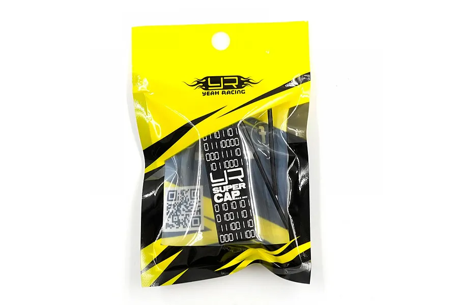 Yeah Racing Super Cap in black packaging with yellow branding, featuring binary code graphics and a QR code.