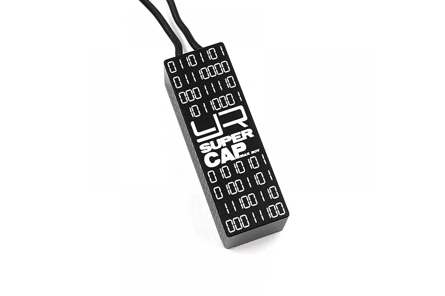 A black Yeah Racing super capacitor with binary code patterns and UR logo on a white background.