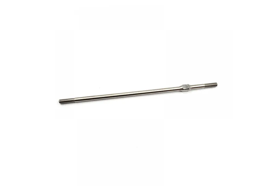 A single silver-coloured metal turnbuckle rod with threaded ends, isolated on a white background.