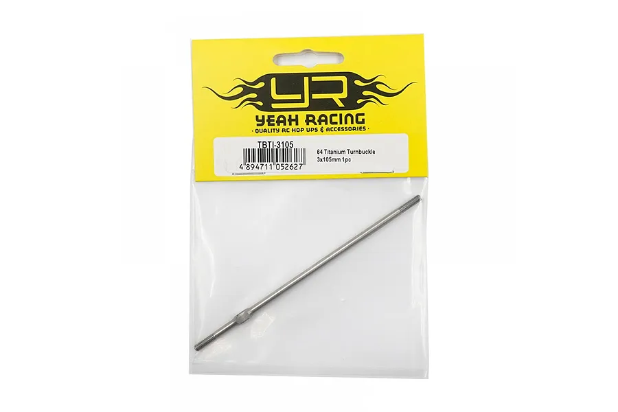 A single Yeah Racing 3x105mm titanium turnbuckle sealed in a yellow and clear plastic retail package.