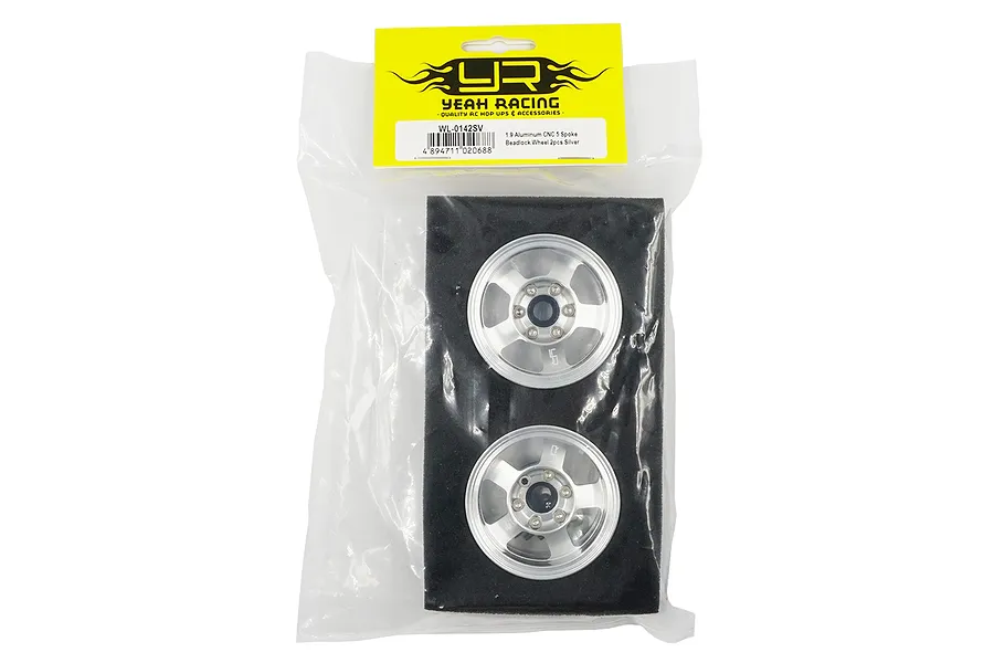 Two silver Yeah Racing 1.9-inch 5-spoke aluminium beadlock RC wheels in original retail packaging.
