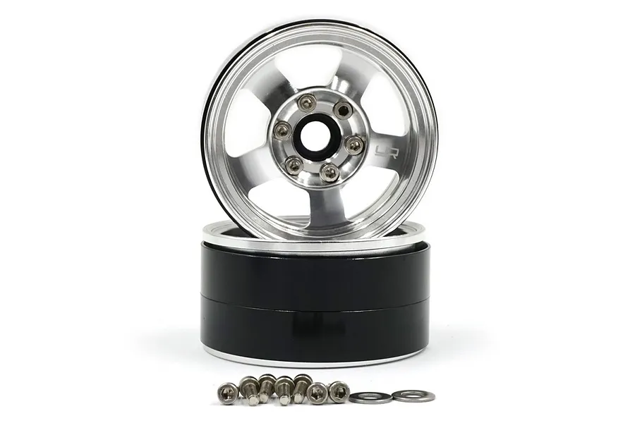 Yeah Racing 1.9 inch 5-spoke beadlock rims in silver and black aluminium, shown with mounting hardware.