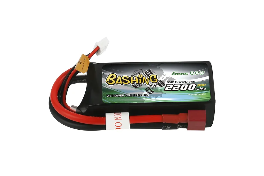 Gens Ace Bashing 11.1V 2200mAh 35C LiPo battery with a soft black casing, red and black wires, and a Deans-style connector.