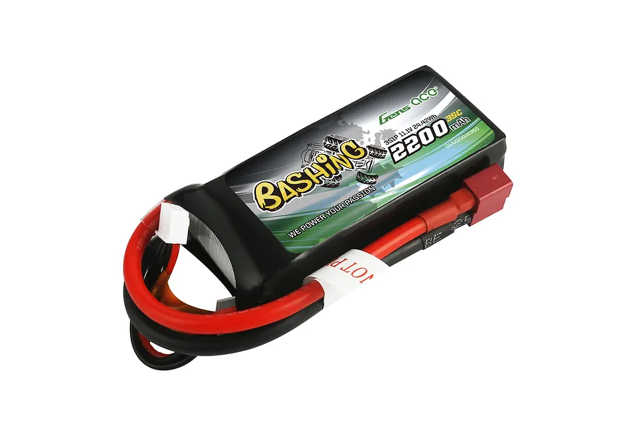 Gens Ace Bashing 11.1V 2200mAh 3S LiPo battery with a soft black case, red and black power wires, and a white balance connector.