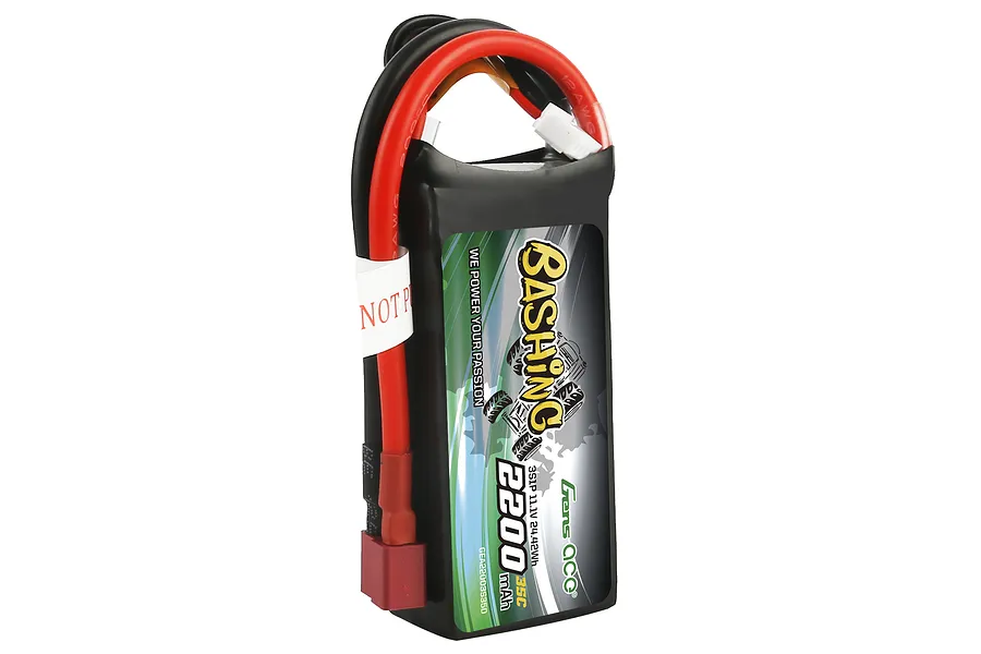 Gens Ace Bashing 11.1V 2200mAh 3S LiPo battery with soft case, red and black wires, and a Deans connector against a white background.