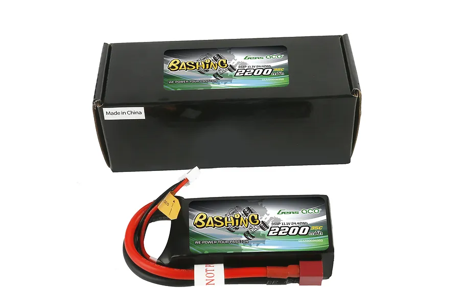 Gens Ace Bashing 11.1V 2200mAh 35C LiPo battery shown in front of its black cardboard packaging box.