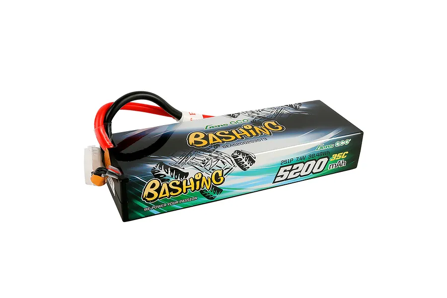 Gens Ace Bashing 7.4V 5200mAh 35C hard case LiPo battery with red and black power wires and a white balance connector.