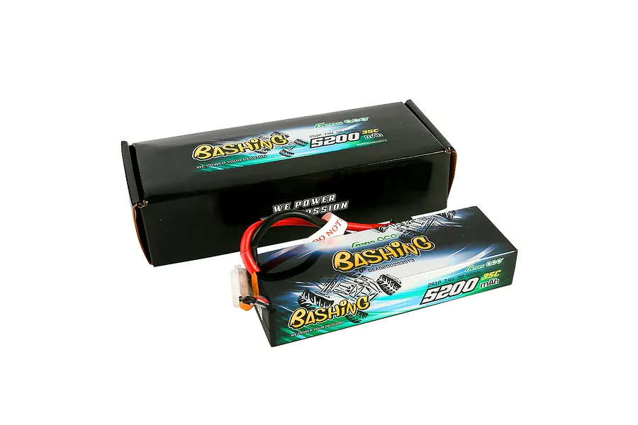 Gens Ace Bashing 7.4V 5200mAh 35C LiPo battery in a hard case, shown with its black cardboard retail packaging box.