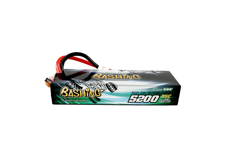 Gens Ace Bashing 7.4V 5200mAh 35C hard case LiPo battery with red and black power wires.