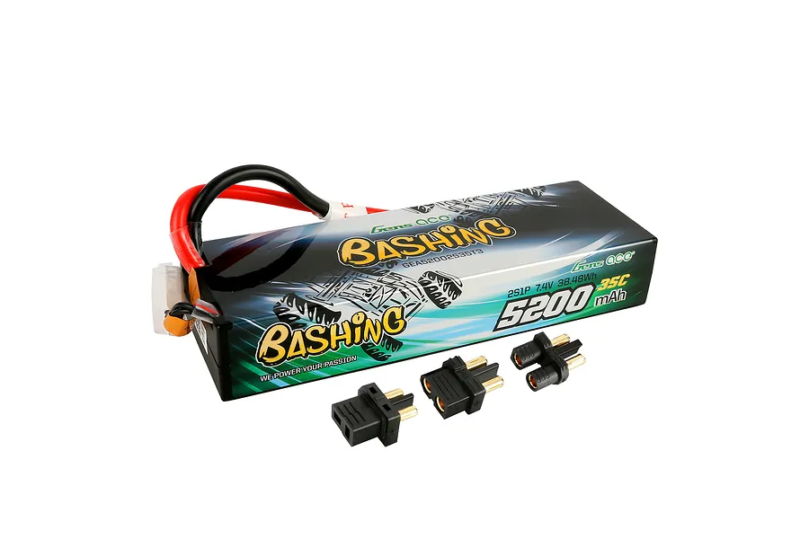 Gens Ace Bashing 7.4V 5200mAh 35C LiPo battery in a hard case with three different connector adapters on a white background.