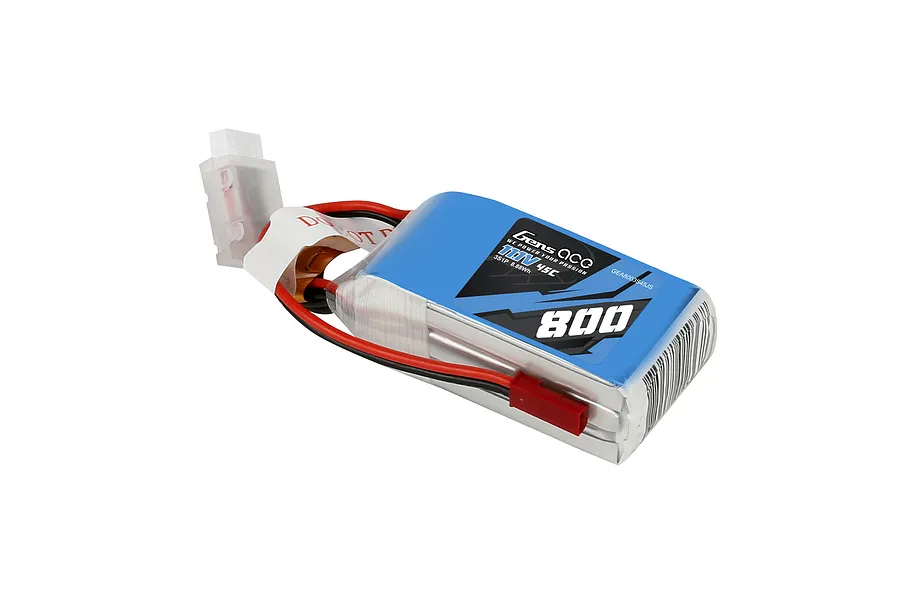 Gens Ace 11.1V 800mAh 45C soft case LiPo battery with JST and balance connectors against a white background.