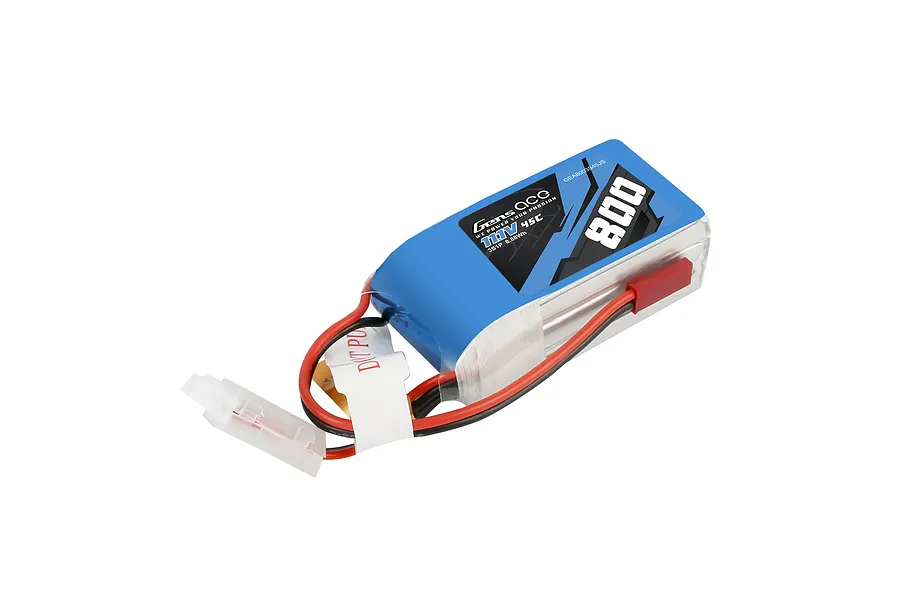 Gens Ace 11.1V 800mAh 45C soft case LiPo battery with JST and balance connectors against a white background.
