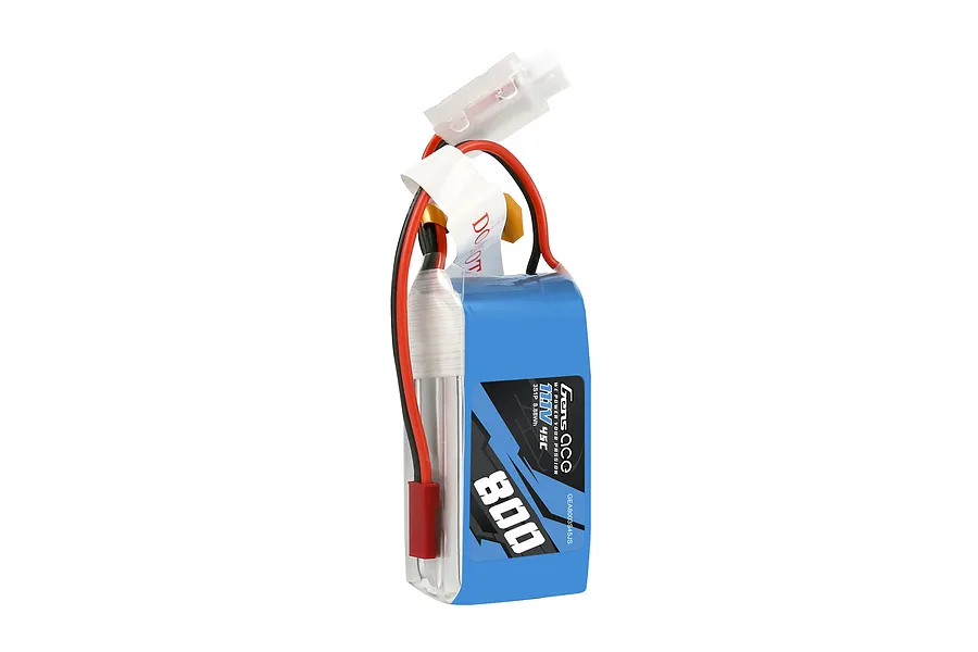 Gens Ace 11.1V 800mAh 45C LiPo battery with JST connector and balance plug against a white background.