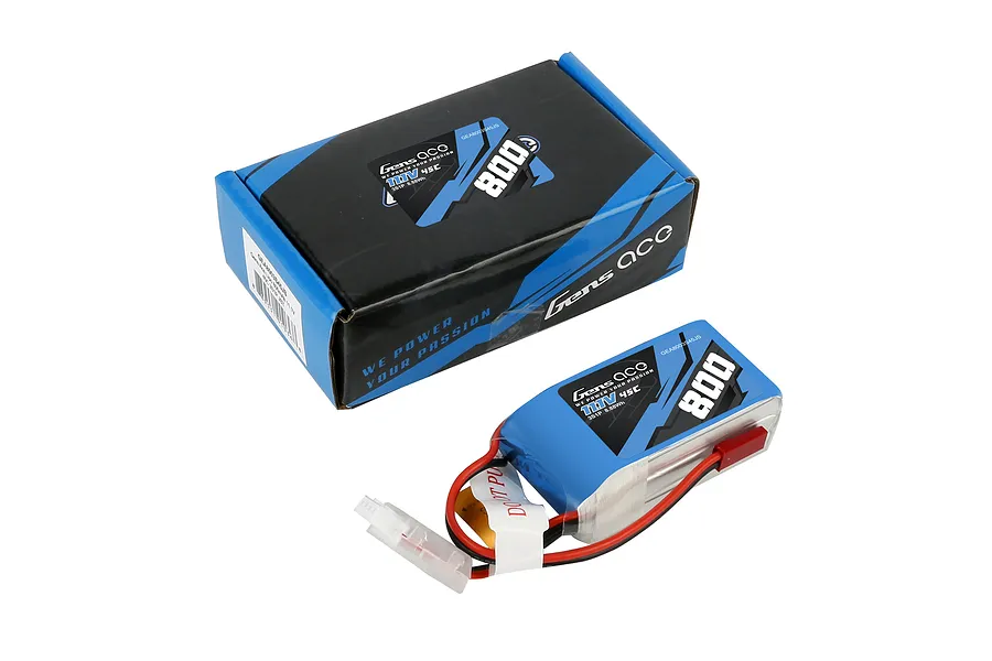 Gens Ace 11.1V 800mAh 45C LiPo battery in a soft blue case with its matching cardboard retail packaging box.