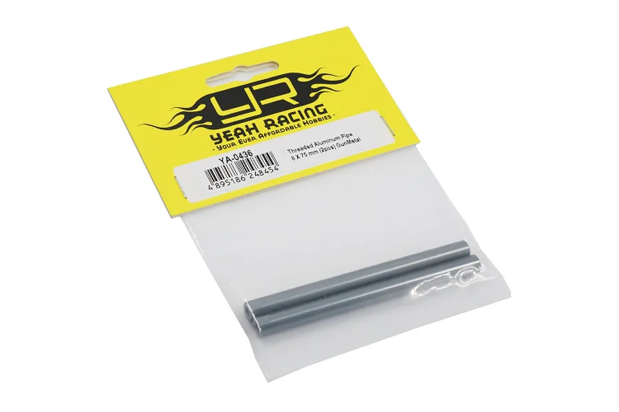 Two gunmetal grey threaded aluminium link pipes in a Yeah Racing branded plastic retail bag.