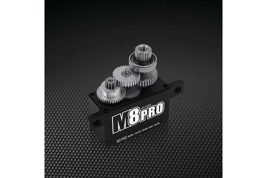 Power HD M8 Pro coreless servo with exposed metal gears on a black textured background.